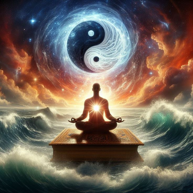 Pessoa meditando diante do mar sob um símbolo de equilíbrio